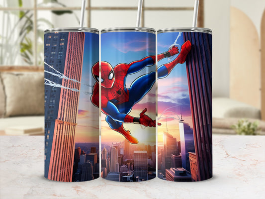 Spiderman swinging through a city skyline, on a sublimation tumbler.