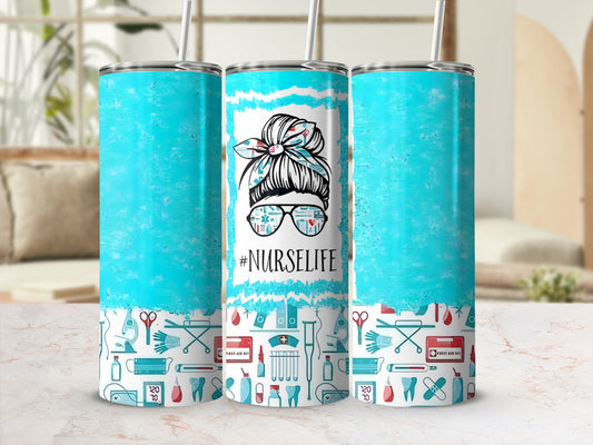 Turquoise tumbler with #Nurselife and medical icons.