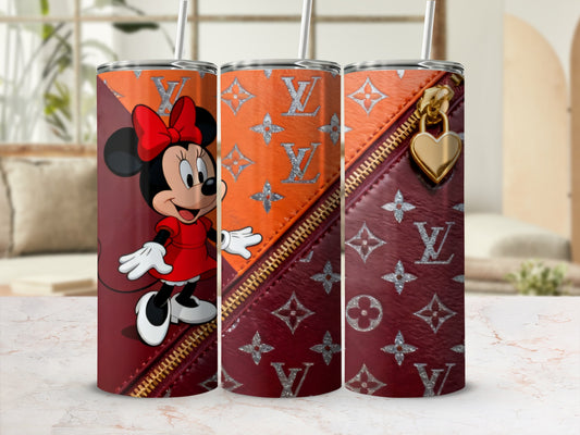 Minnie Mouse in red dress with repeating LV pattern purse.