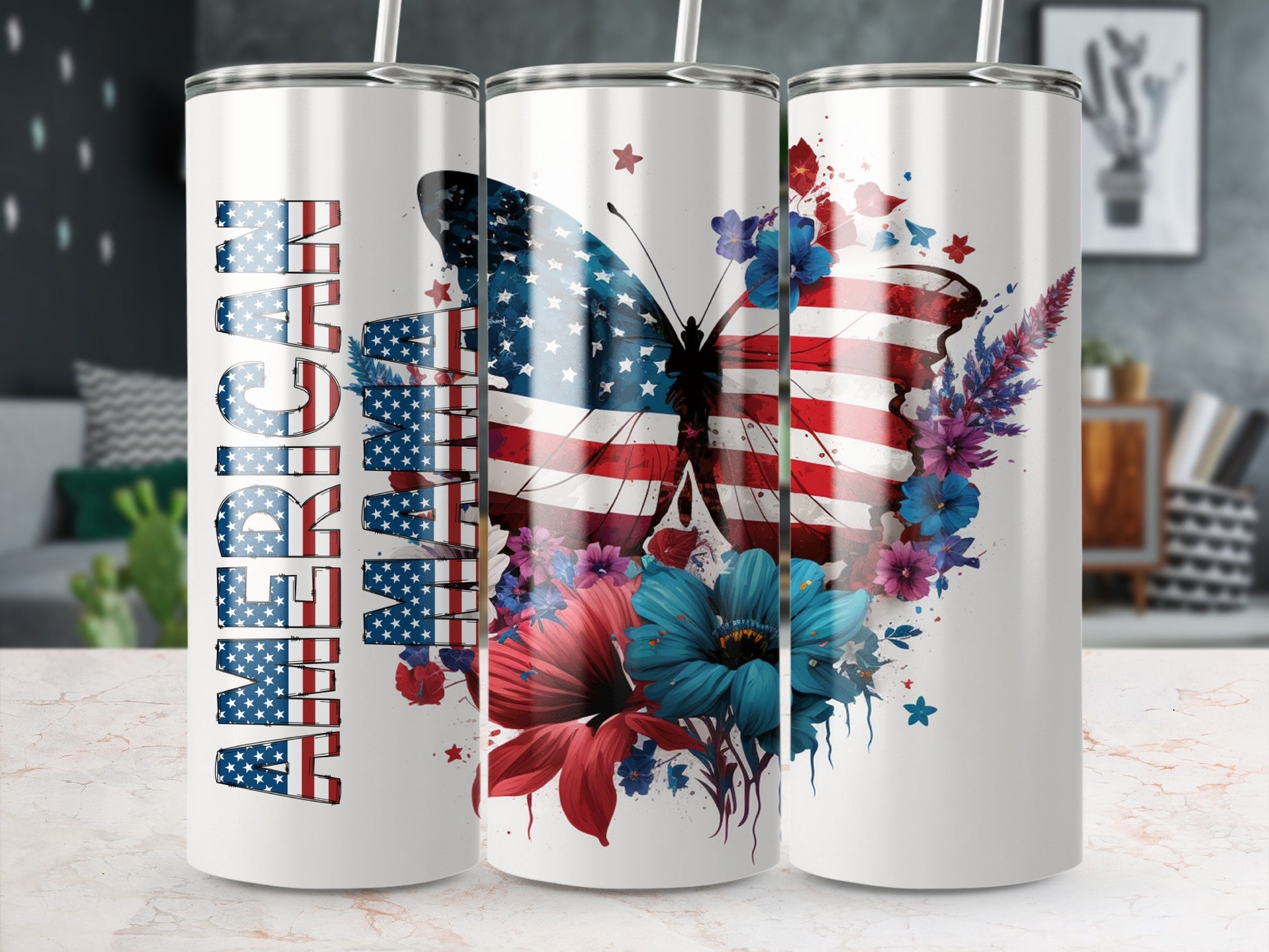 Tumbler with American flag butterfly and flowers.