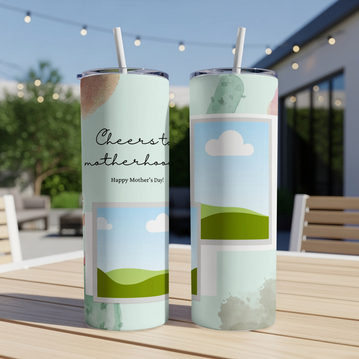 Two tumblers with "Cheerst to Motherhood" and "Happy Mother's Day!" text.