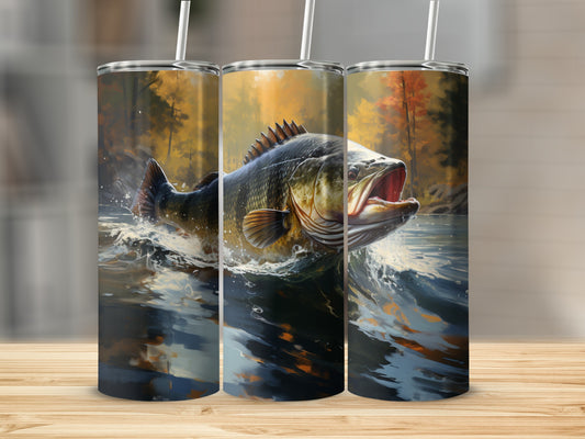 Largemouth bass leaping from water, set against autumn foliage.