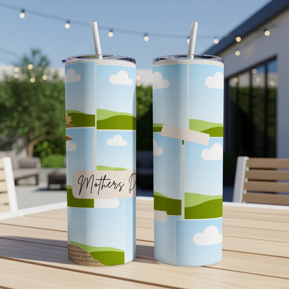 Two tumblers with "Mother's Day" text and a sky and hill landscape design.