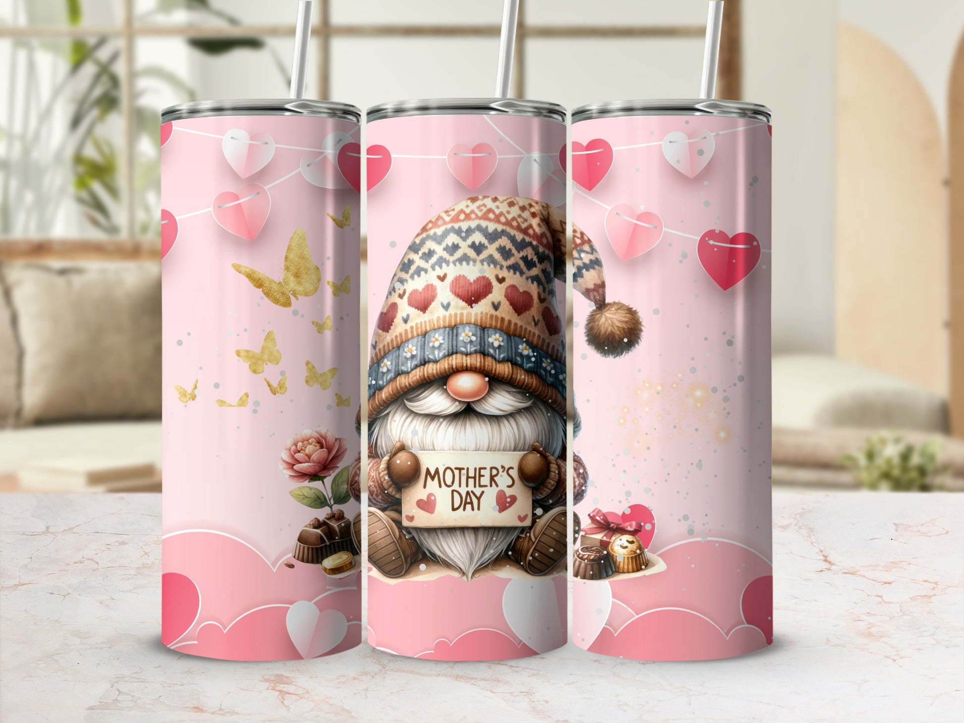 Cute Mother's Day Gnome Tumbler with Heart and Butterflies