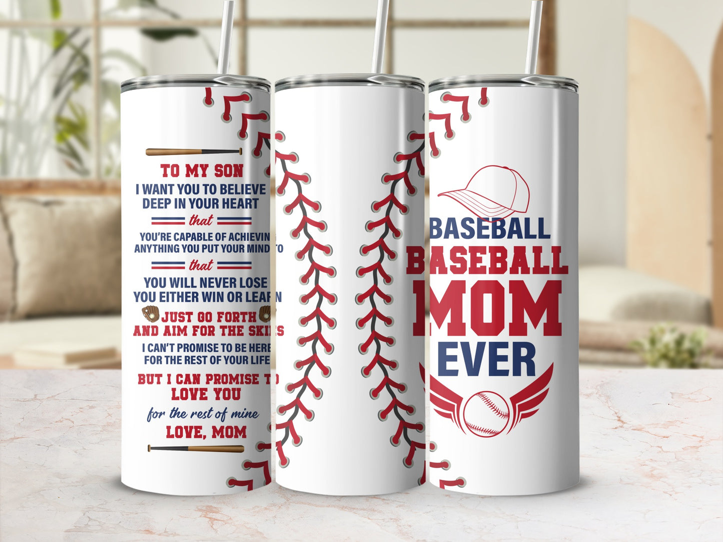 White tumbler with red baseball stitching and "Baseball Mom Ever" text.