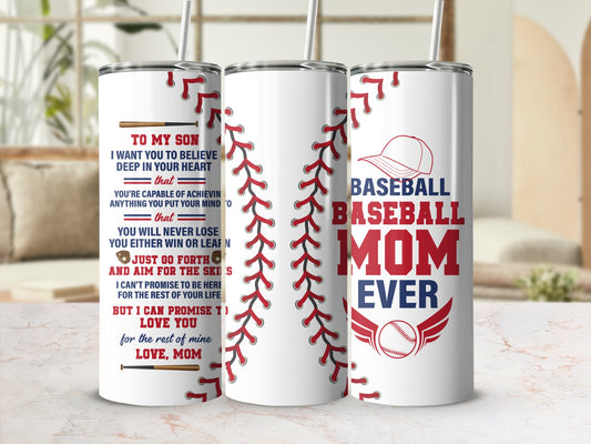White tumbler with red baseball stitching and "Baseball Mom Ever" text.