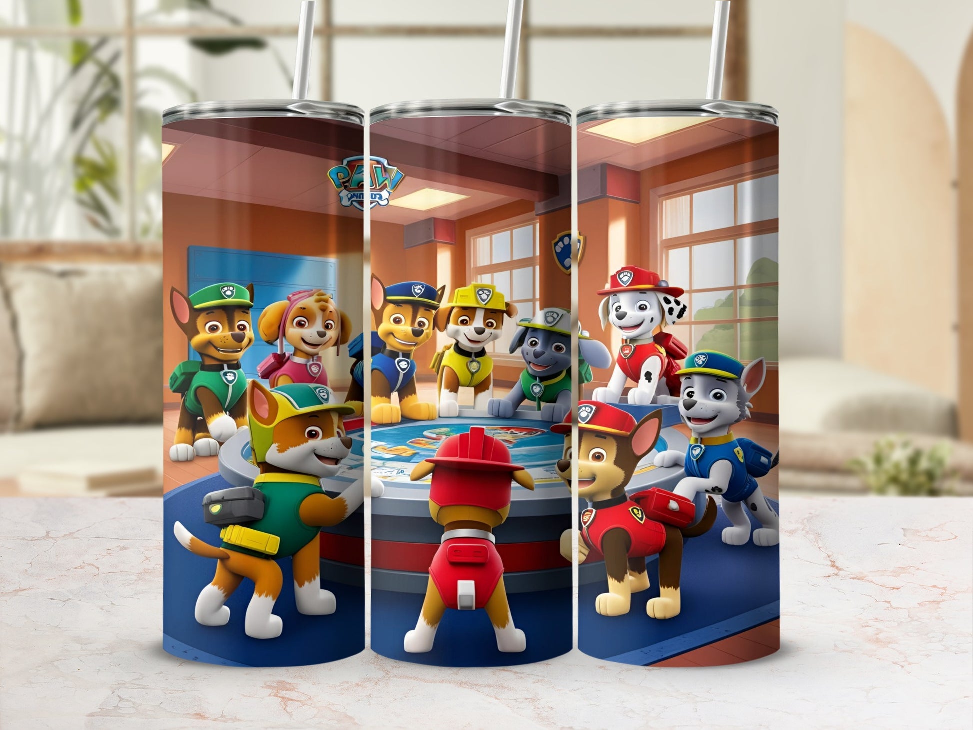Paw Patrol pups in a training room, with Ryder standing center.