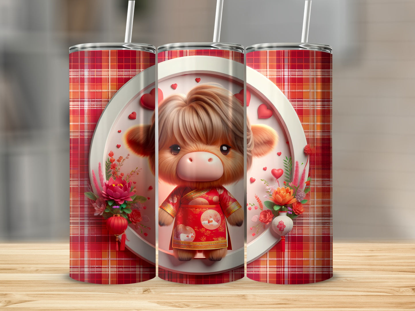 Cute cartoon cow in traditional red outfit, on a plaid background.