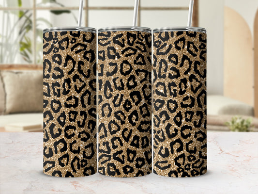 Three tall tumblers with a gold and black leopard print pattern.