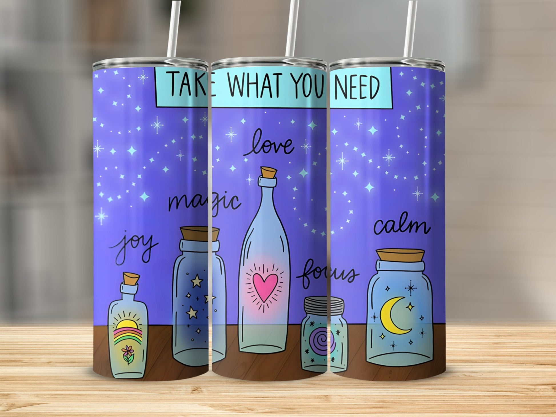 Tumbler with jars labeled joy, magic, love, focus, and calm against starry background.