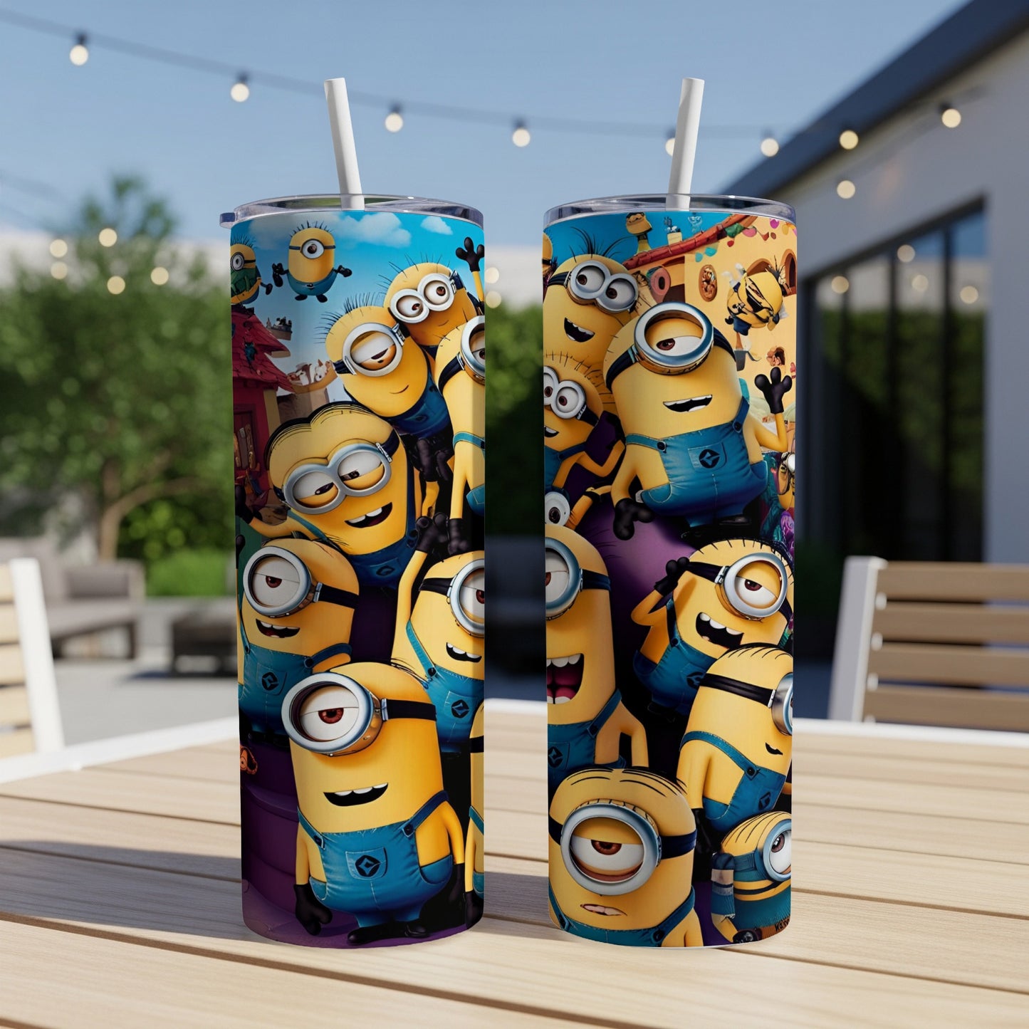 Minions in yellow overalls and goggles surround a tumbler with a straw.