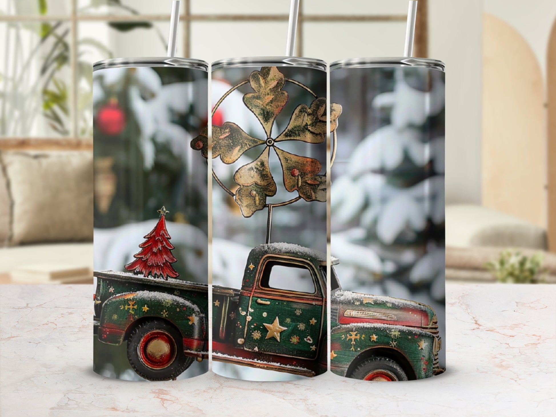 Green vintage truck with Christmas tree on snowy backdrop.