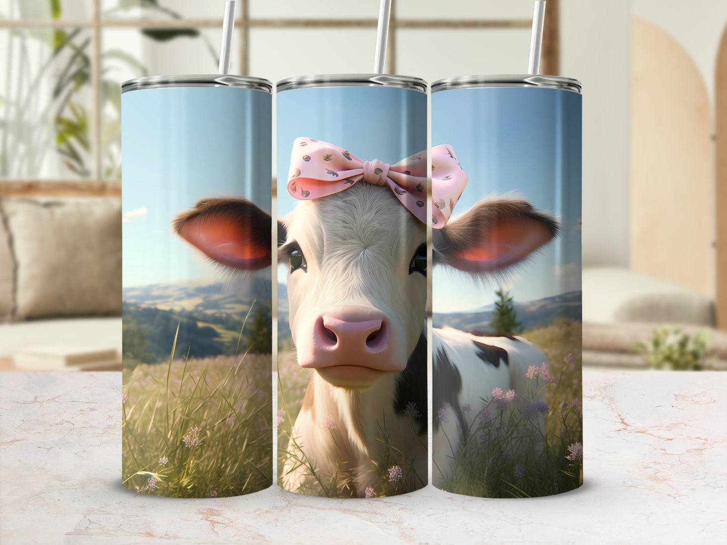 Cute Little Calf Pink Bow Grassy Field product type