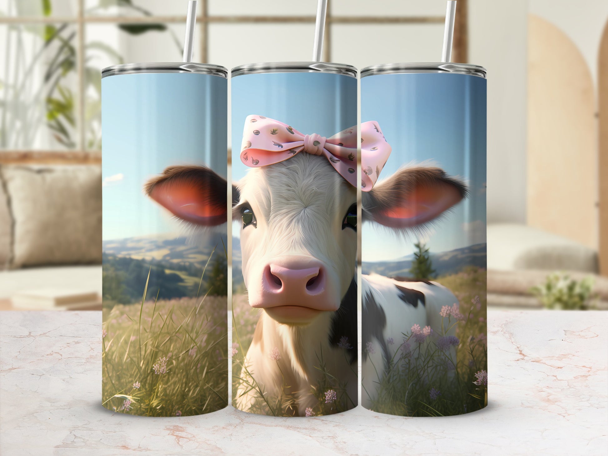 Cute Little Calf Pink Bow Grassy Field product type