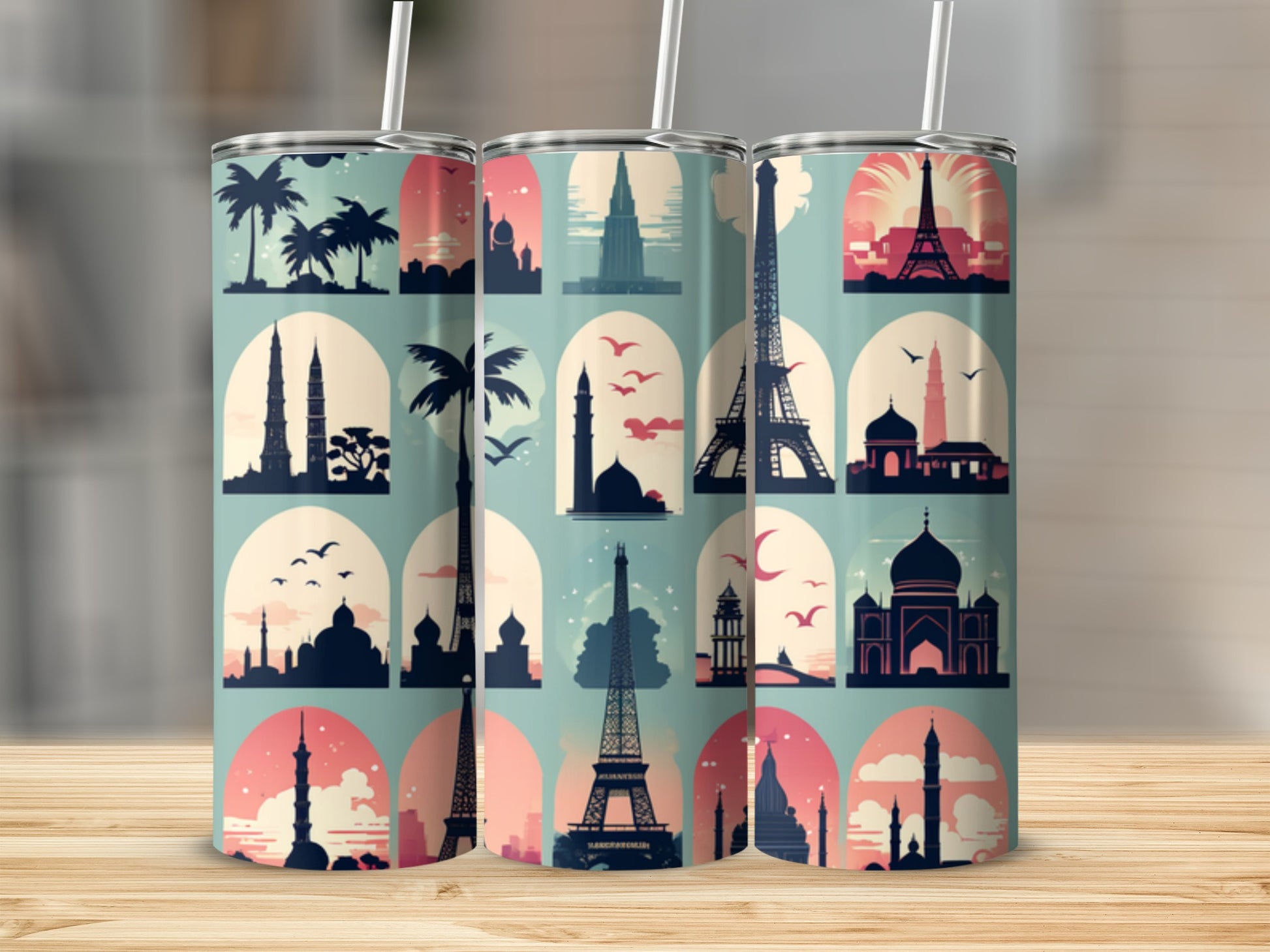 Triptych of tumblers featuring iconic global landmarks silhouette design.