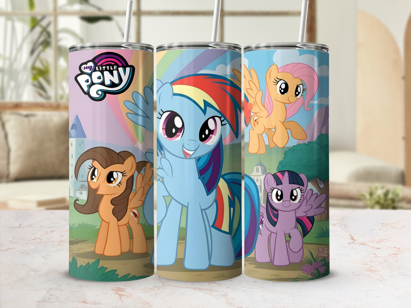 My Little Pony characters Rainbow Dash, Fluttershy, Twilight Sparkle, and Applejack on a colorful tumbler.