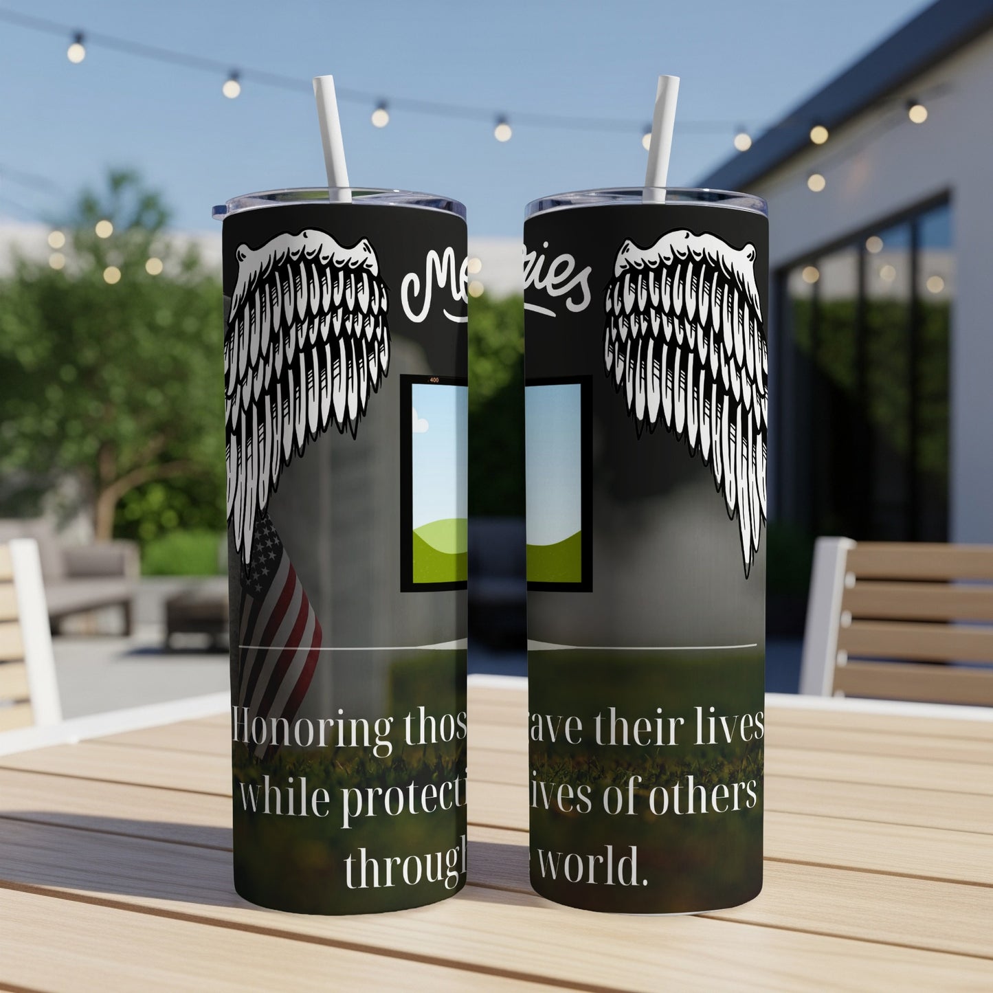 Two tumblers with angel wings and American flag, reading "Honoring those who gave their lives while protecting lives of others through the world."