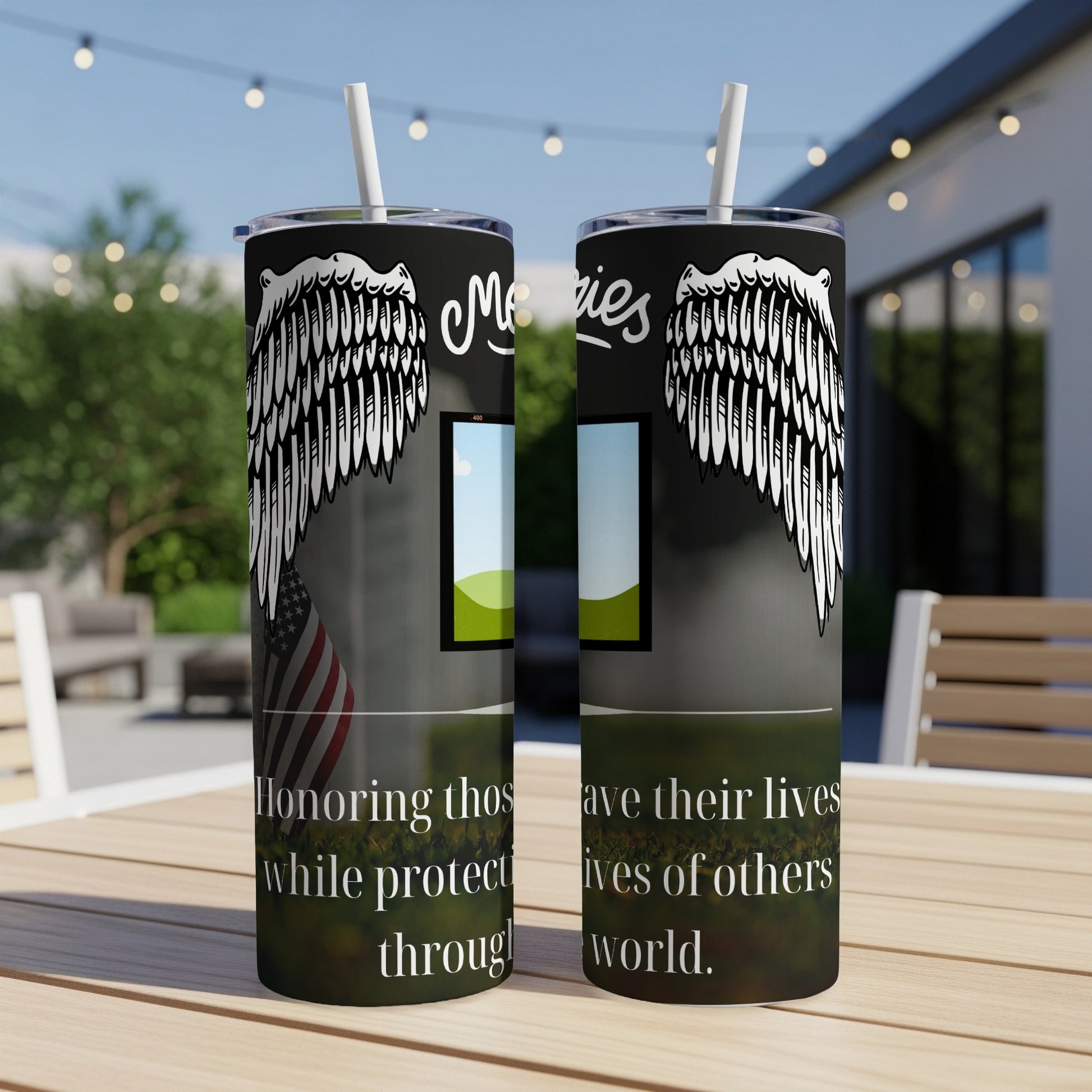 Two tumblers with angel wings and American flag, reading "Honoring those who gave their lives while protecting lives of others through the world."