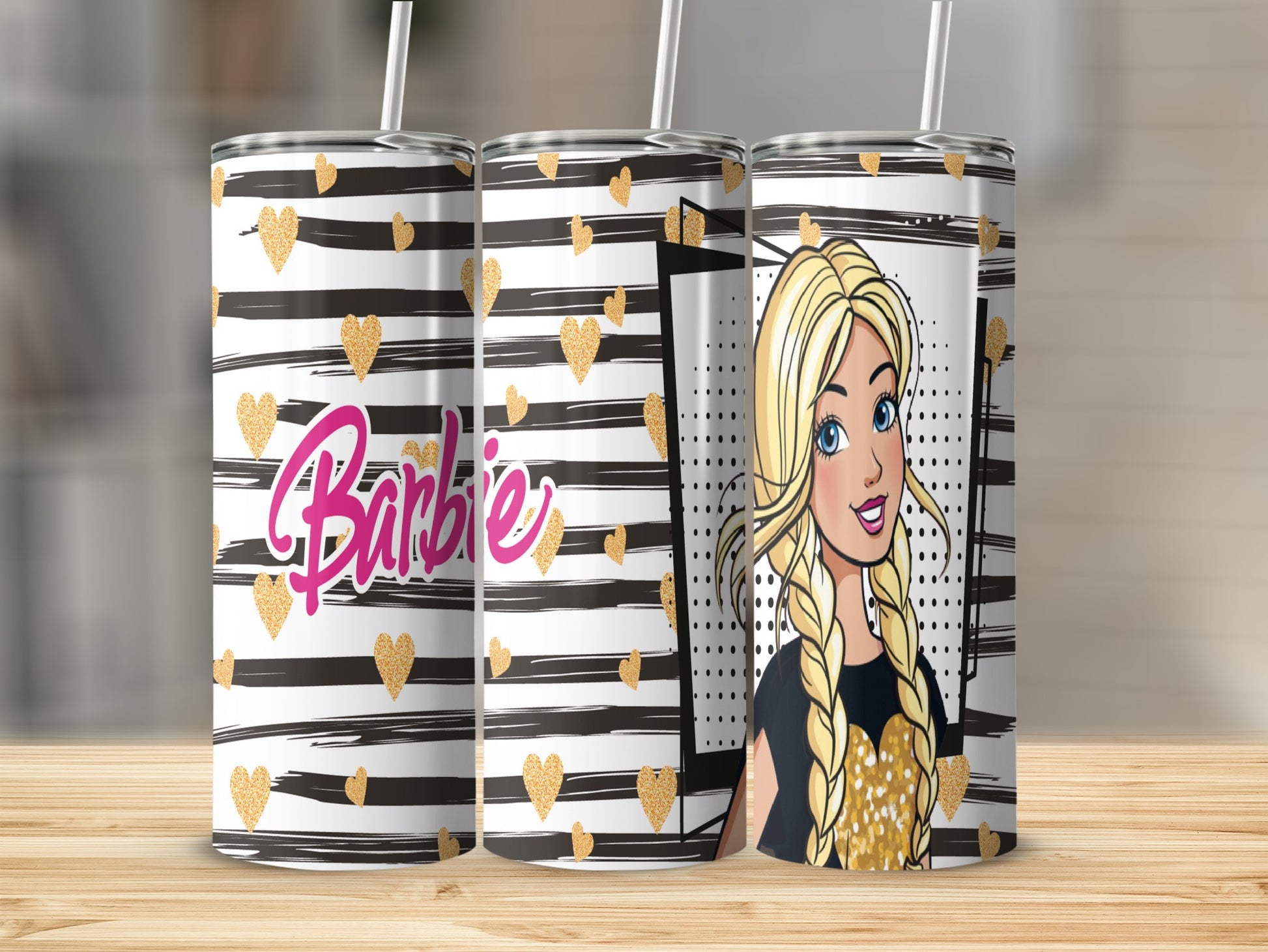 Barbie tumbler with black and white stripes and gold hearts.
