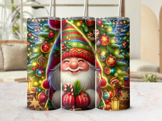 Christmas gnome in festive hat with candy canes and Christmas tree.