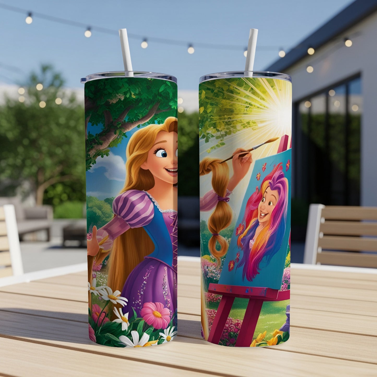 Two Rapunzel tumblers on a table, one showing her painting another portrait.