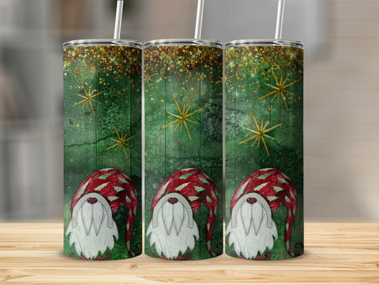Three tumblers featuring a green, textured background with gold stars and gnomes.