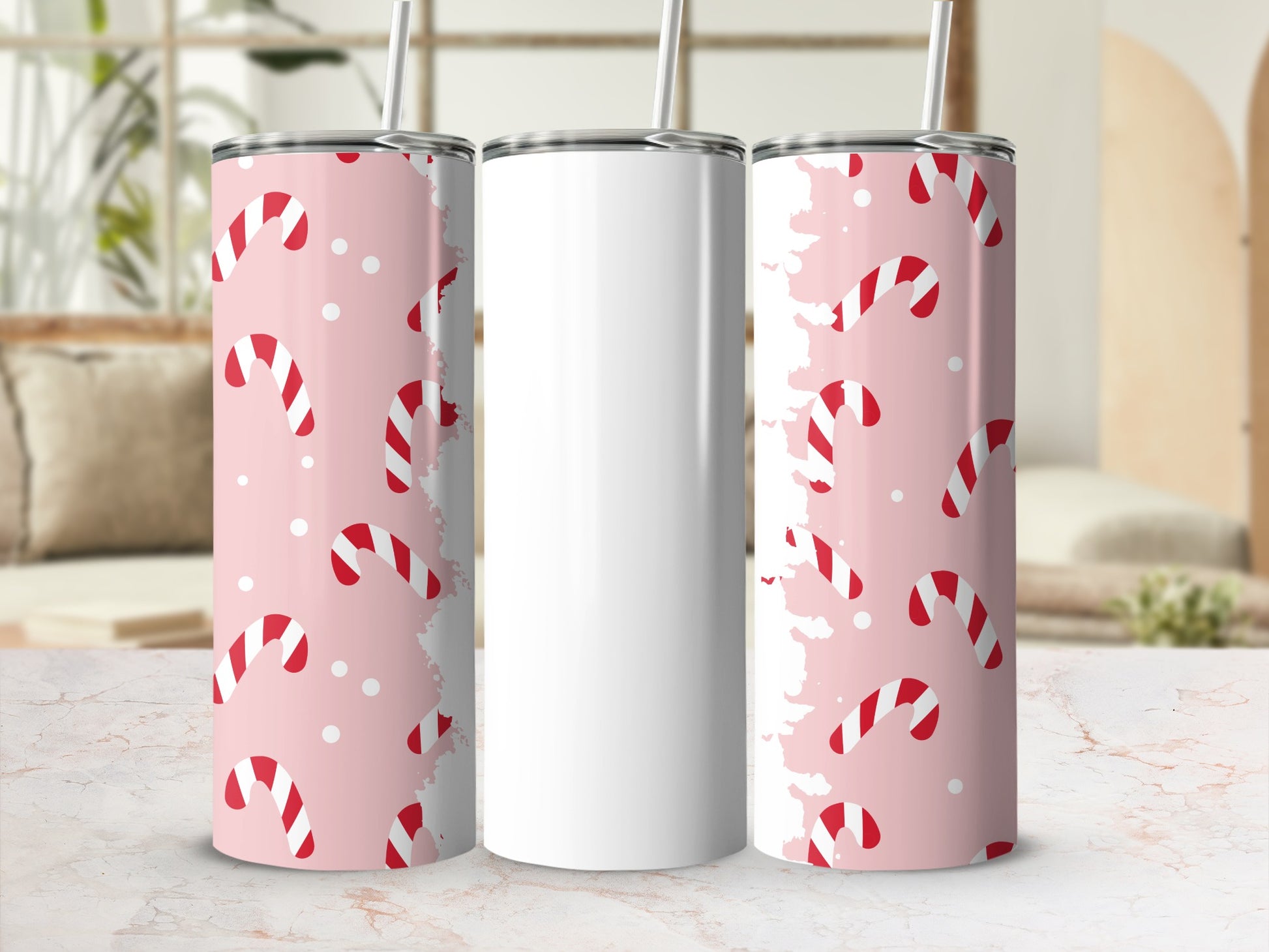 Candy Cane Pink Christmas Theme Tumbler with Straw