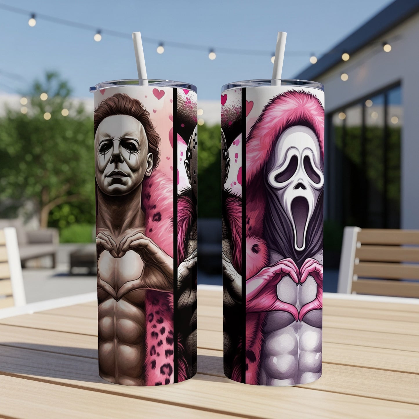 Two tumblers featuring horror characters Michael Myers and Ghostface making heart shapes with their hands.