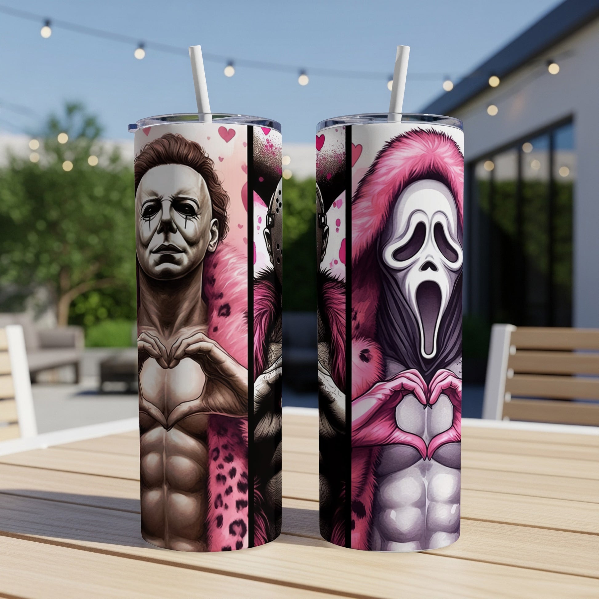 Two tumblers featuring horror characters Michael Myers and Ghostface making heart shapes with their hands.