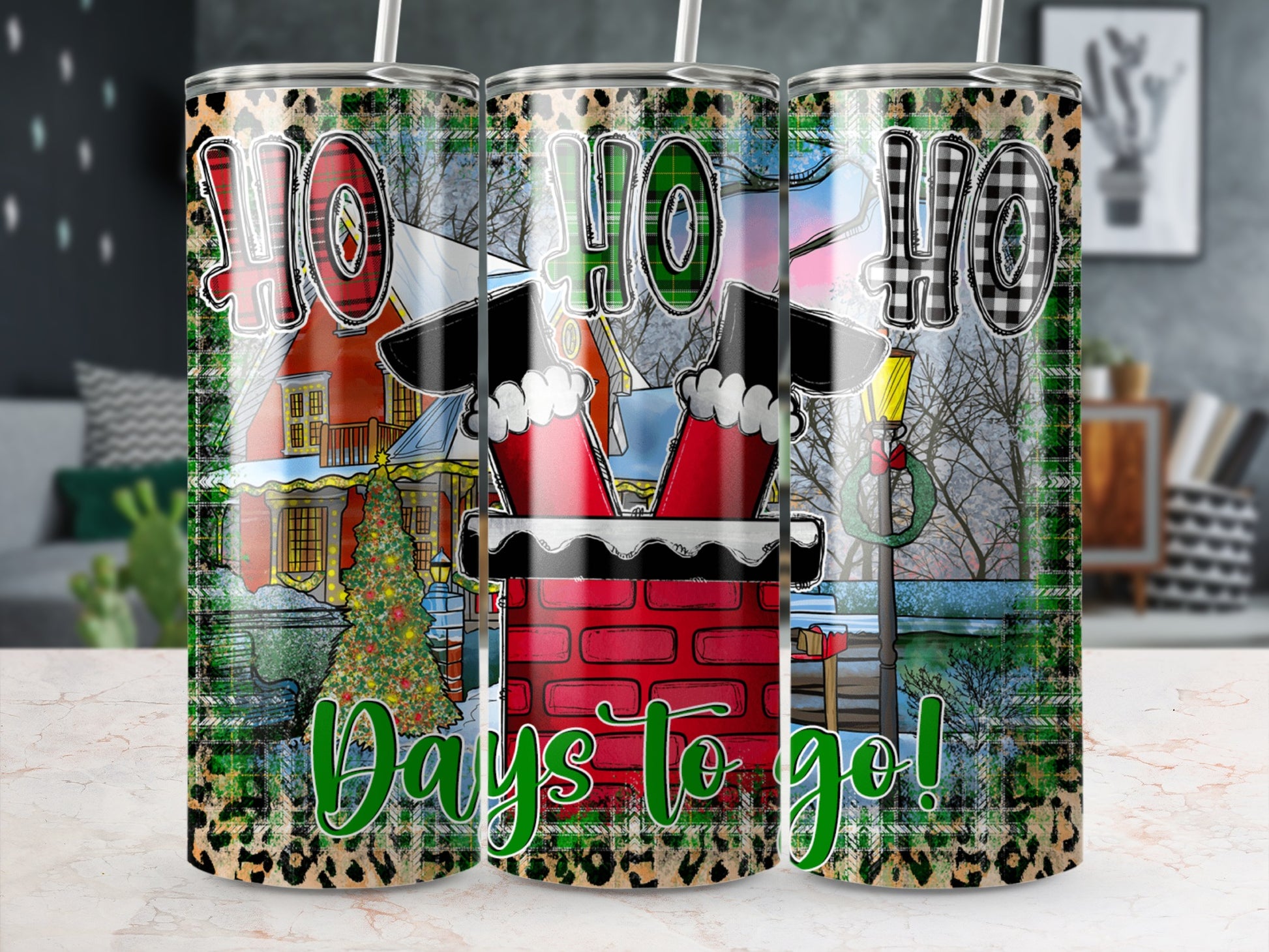 Christmas tumbler with Santa in chimney and "Days to go!" text.