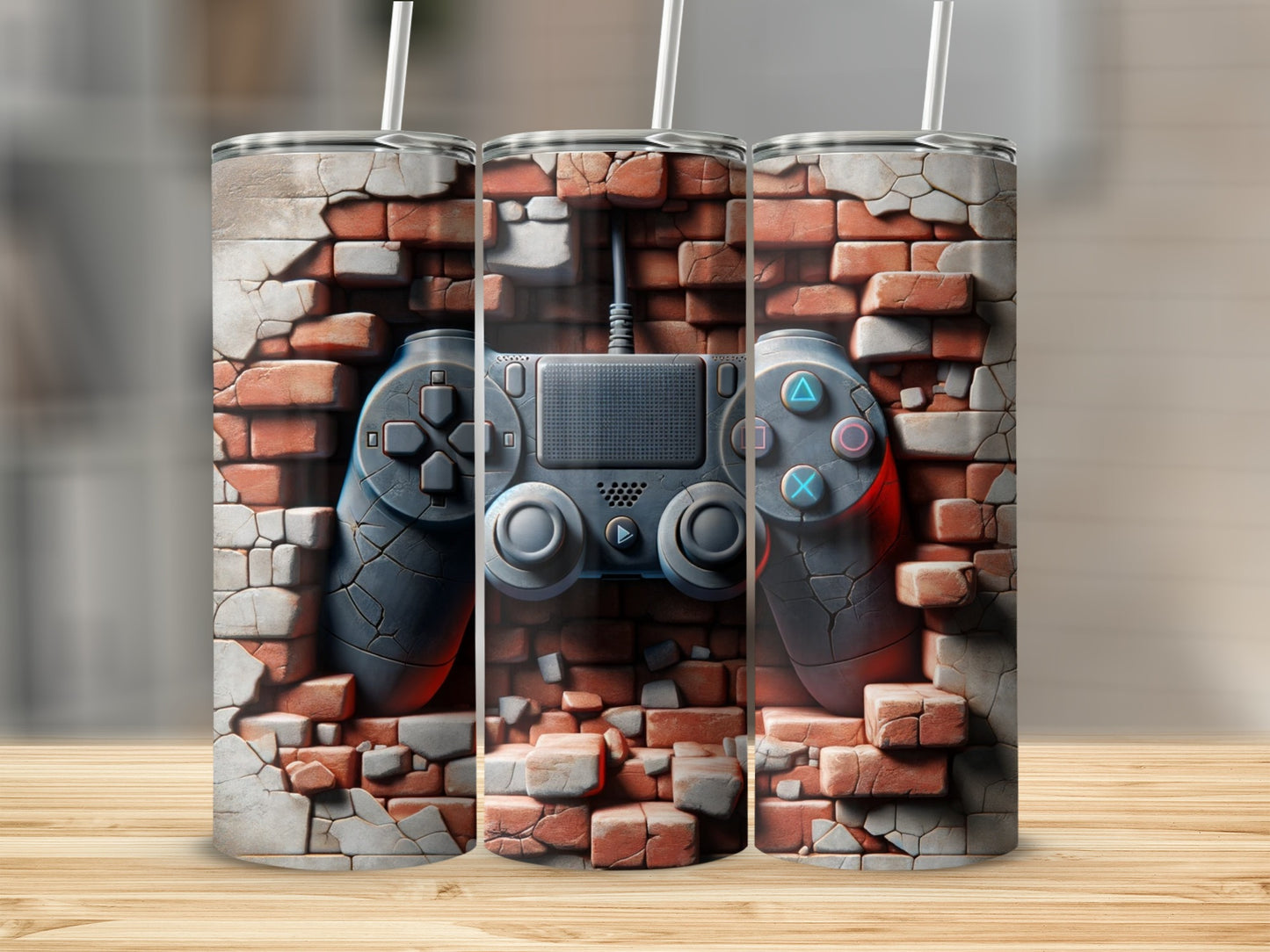 Video game controller design on a brick wall texture tumbler.