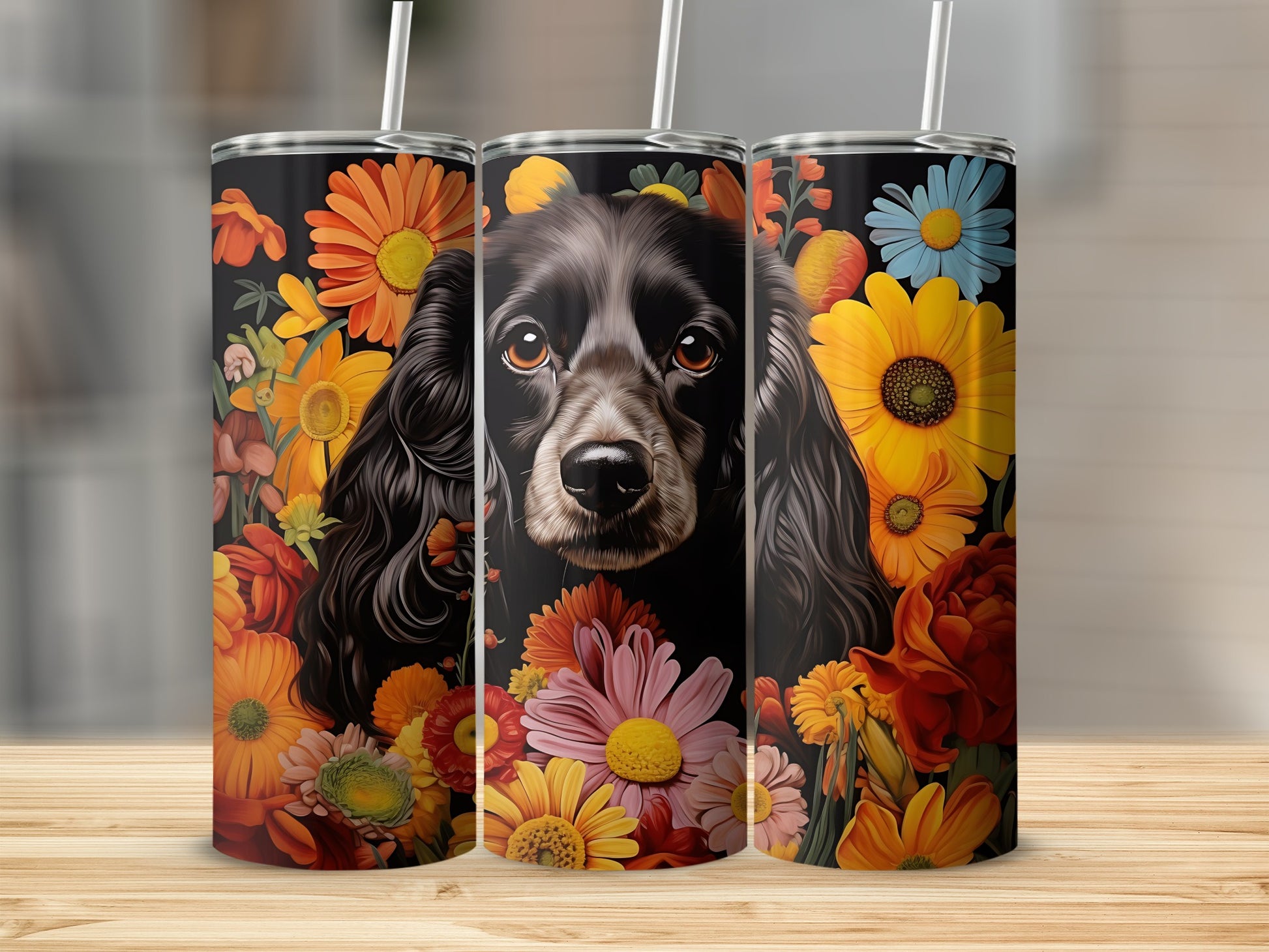 Black Cocker Spaniel with orange and yellow flowers surrounding it on a tumbler.