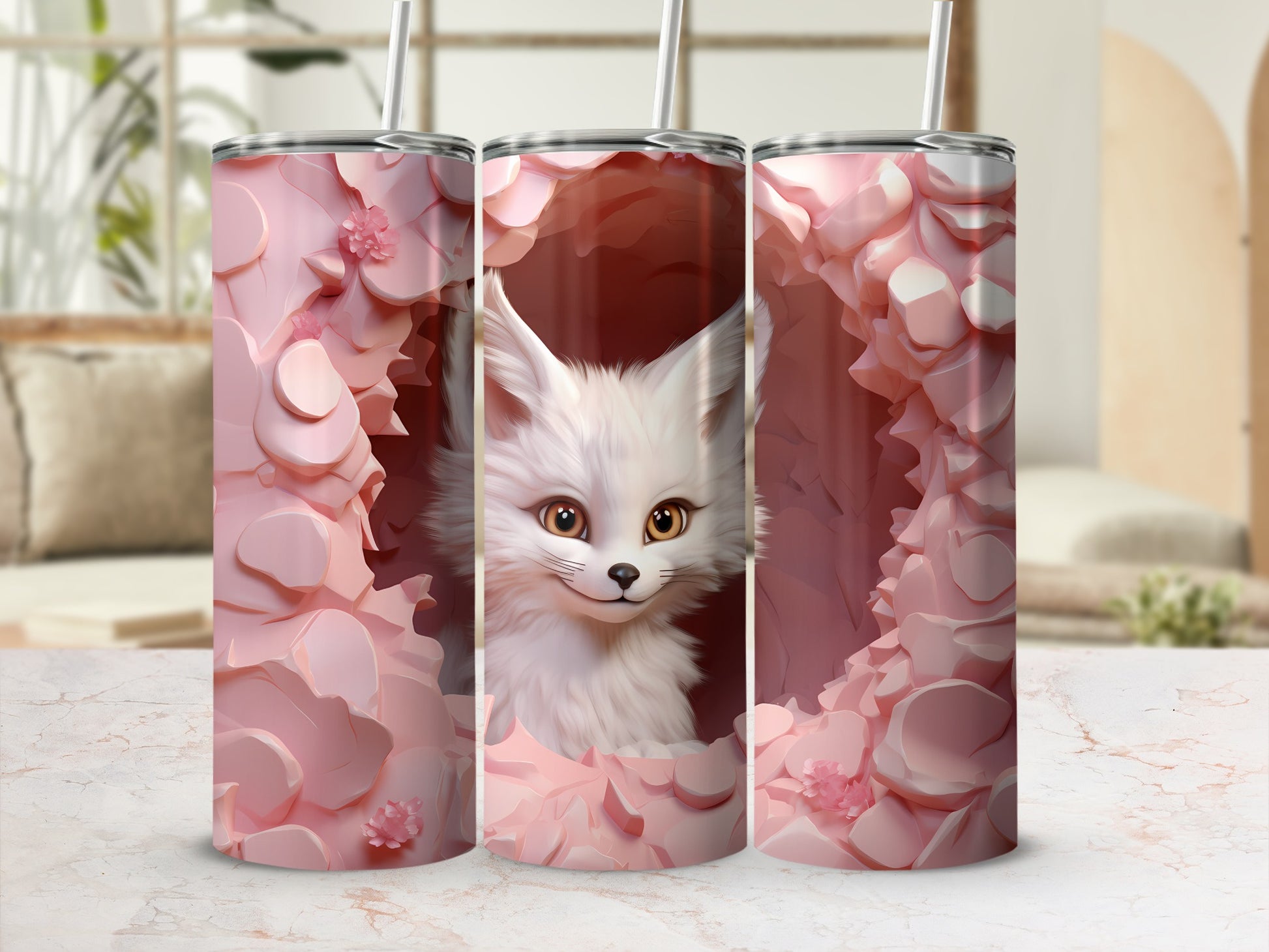 Adorable White Fox in Pink Floral Artwork Tumbler