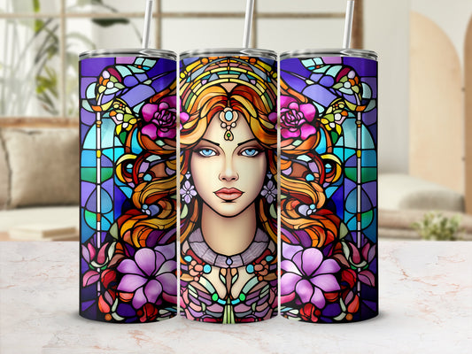 Stained glass portrait of a woman with vibrant colors and floral accents.