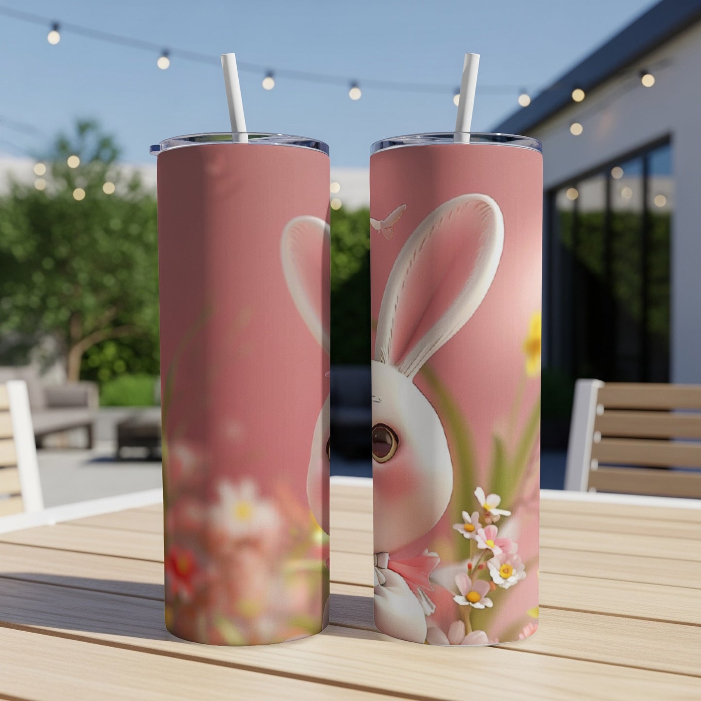 Two pink tumblers with a cartoon bunny and flowers, on a wooden table outdoors.
