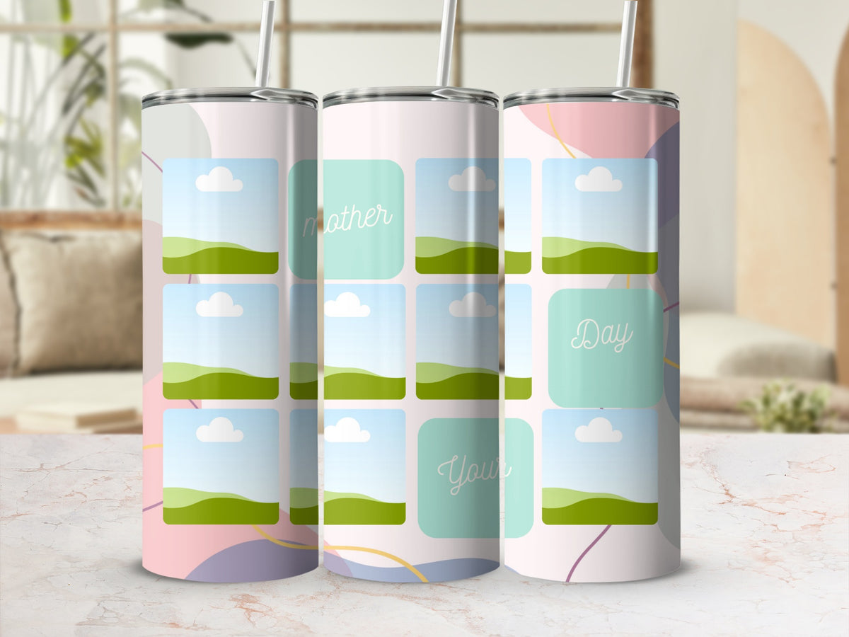 Three tumblers with photo templates, one says "mother," another "day," and the third "your."