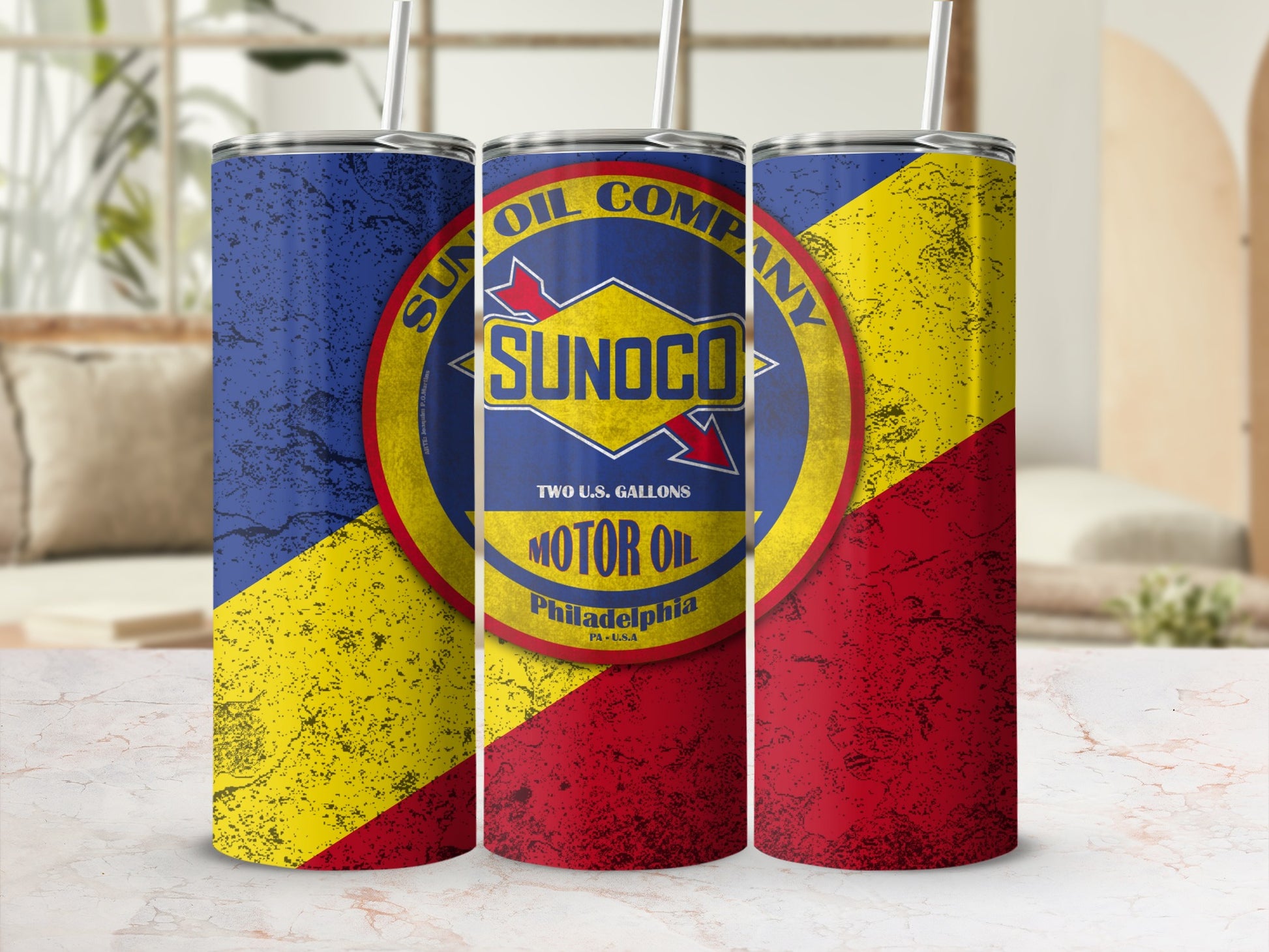 Sunoco Motor Oil tumbler with distressed US flag design.