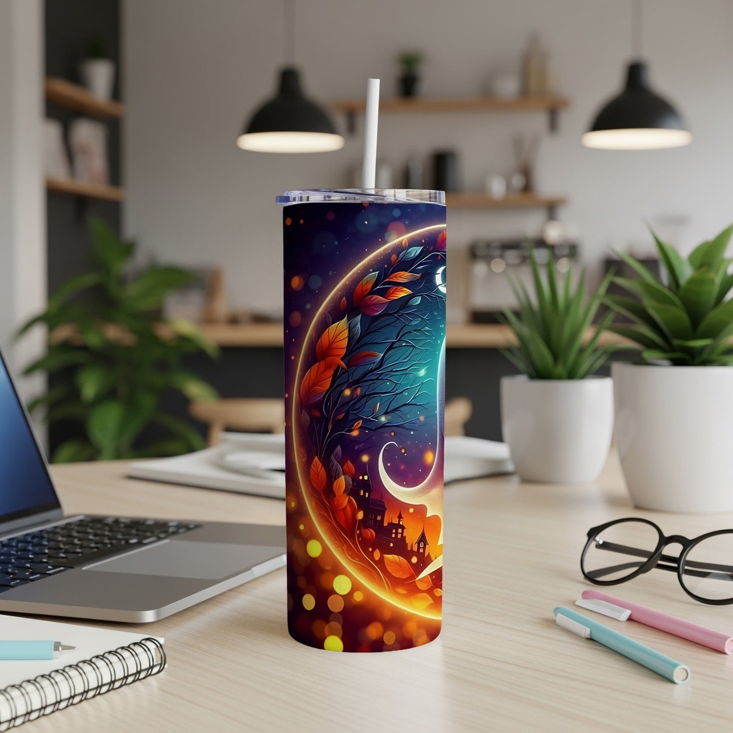 Tall tumbler with celestial, autumnal scene featuring a crescent moon, cityscape, and swirling leaves.