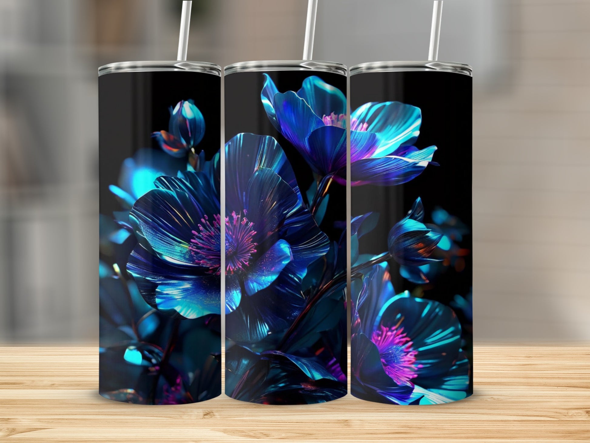 Three tumblers with iridescent blue and purple floral patterns.