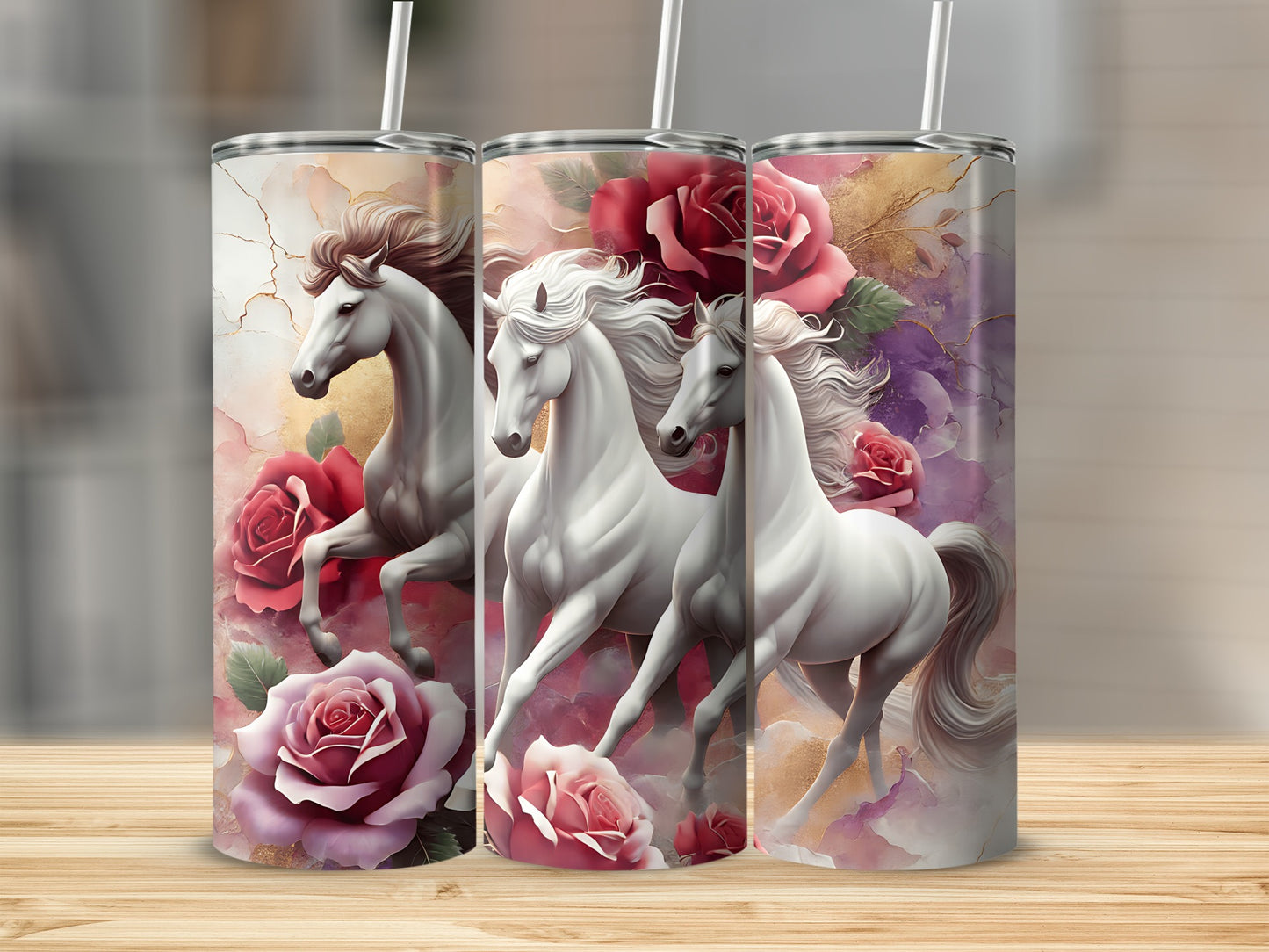 Three white horses gallop through roses on a decorative tumbler.