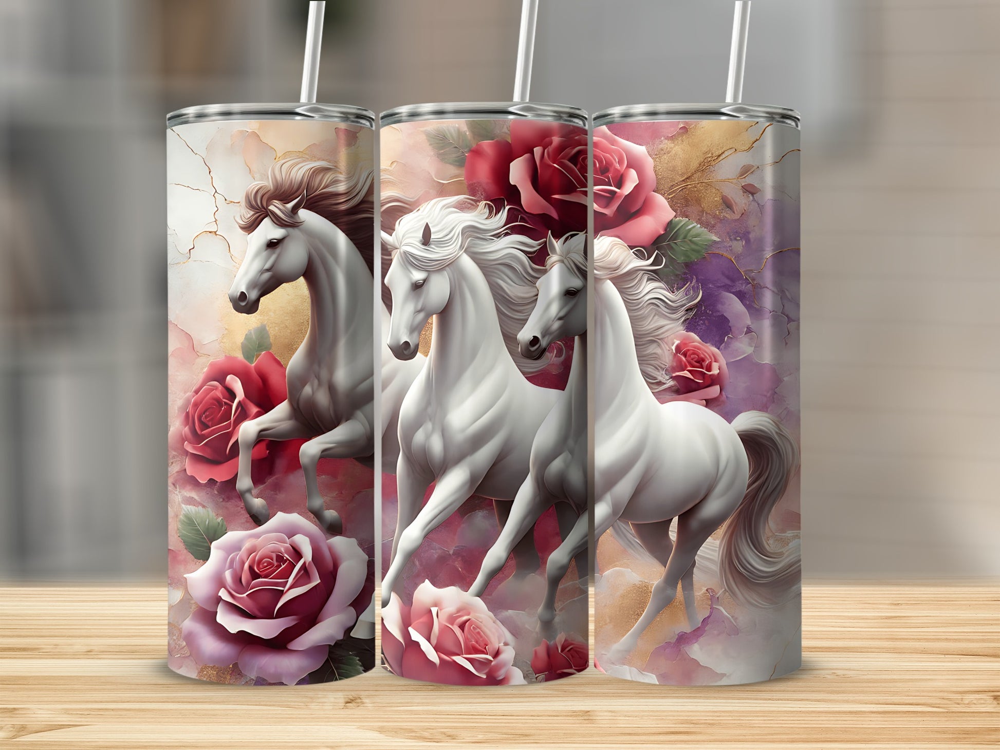 Three white horses gallop through roses on a decorative tumbler.
