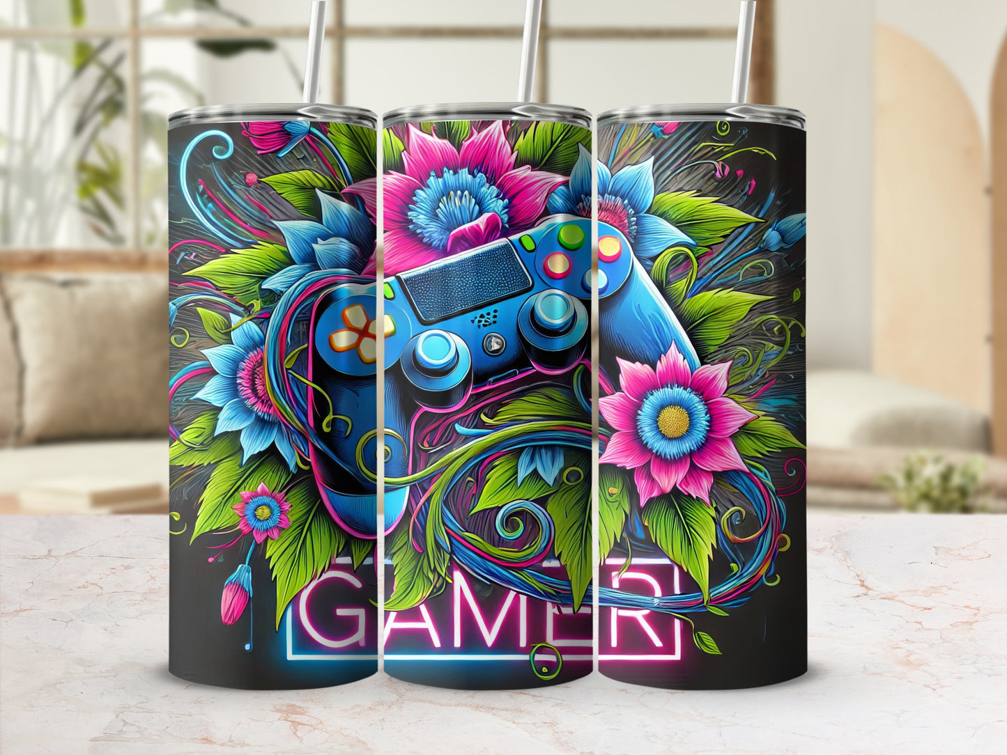 Blue video game controller with floral accents and "GAMER" neon text.