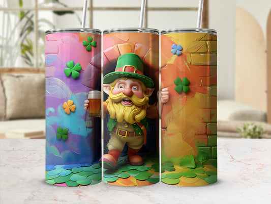 Leprechaun in green hat holding beer mug with shamrocks and colorful background.
