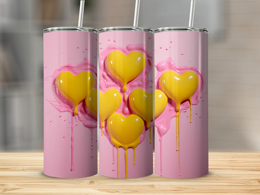 Bright Pink Tumbler with Yellow Melting Hearts Design