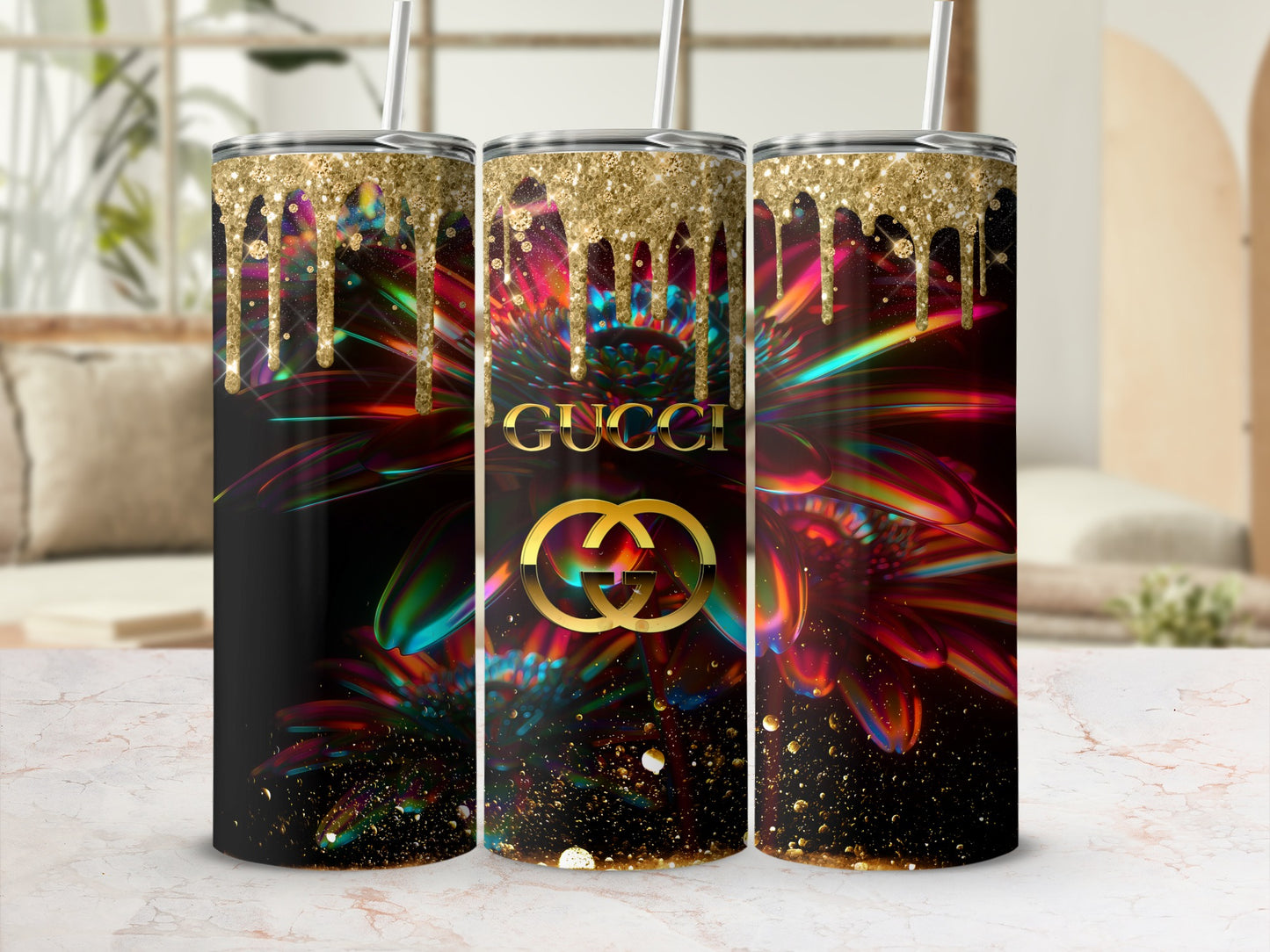 Gucci Drip Gold and Colorful Floral Design Tumbler