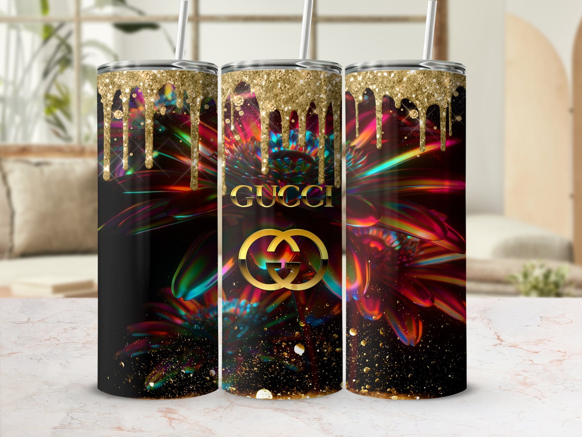 Gucci Drip Gold and Colorful Floral Design Tumbler