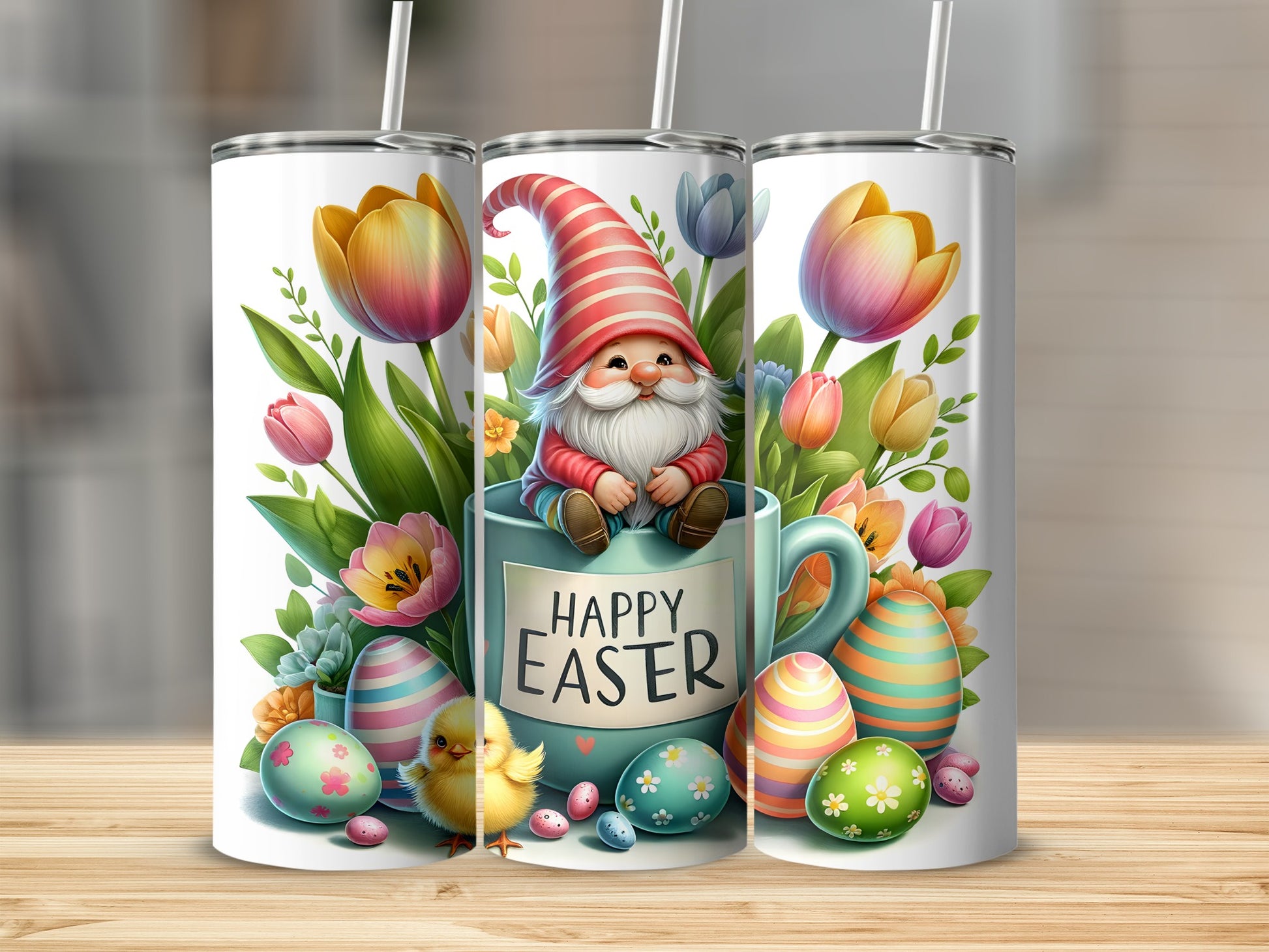 Easter gnome with chicks and colorful eggs on a mug.