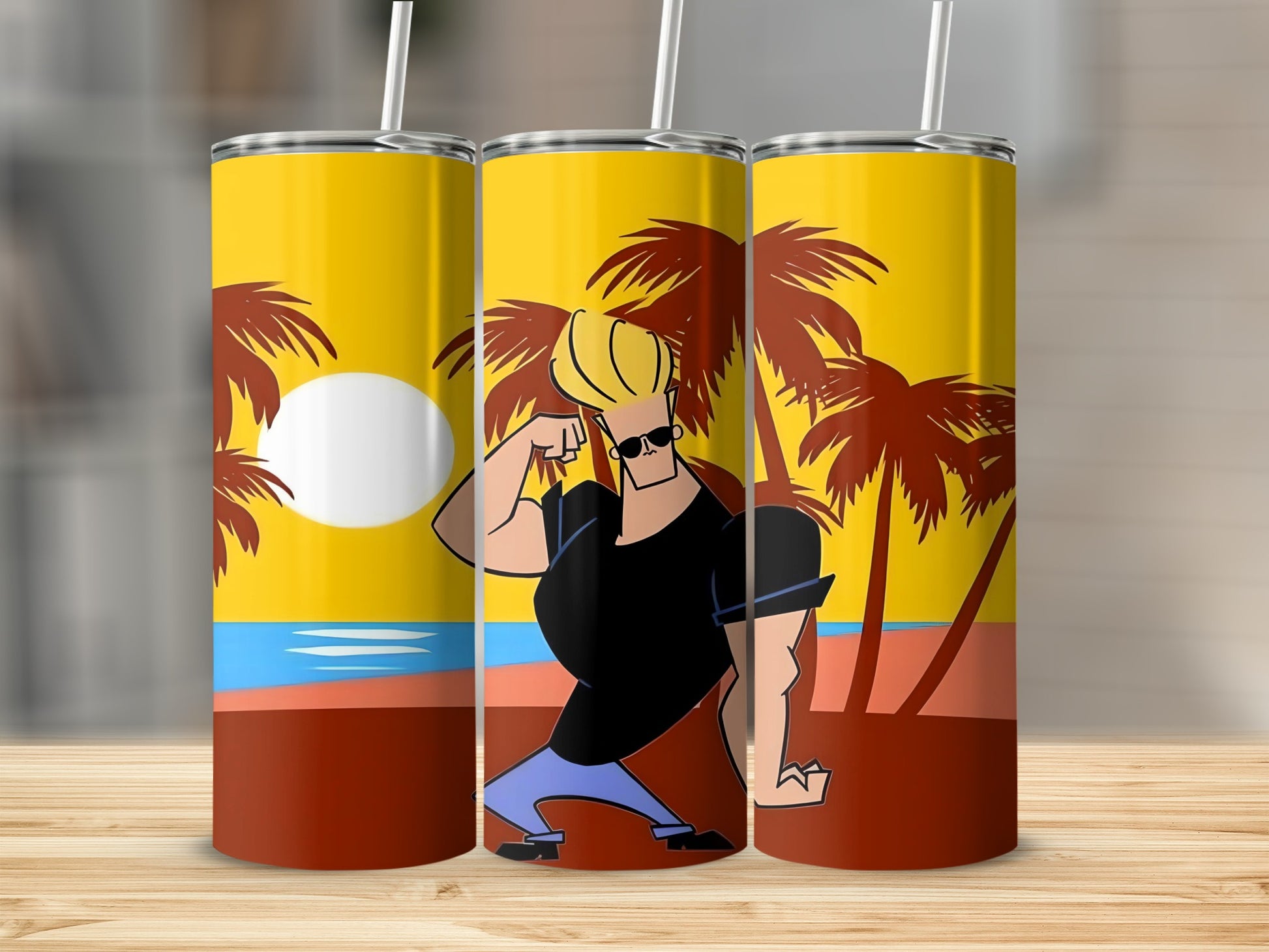 Cartoon Character with Palm Trees Travel Tumbler