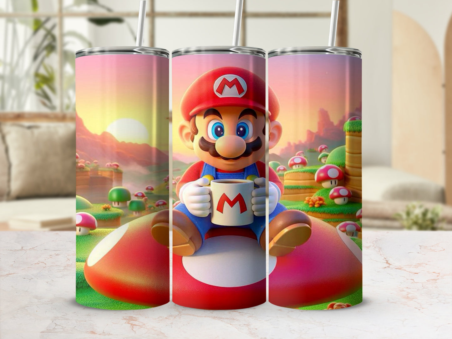 Colorful Character Art with Mushroom Scenery Flask