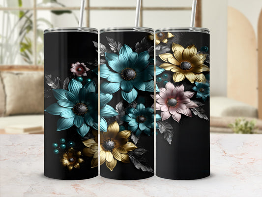 Three tumblers with floral designs in blue and gold.